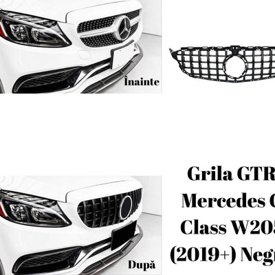 Grilă GTR negru instalată pe Mercedes C-Class W205 alb (2019+), comparație înainte și după, fotografie frontală clară.