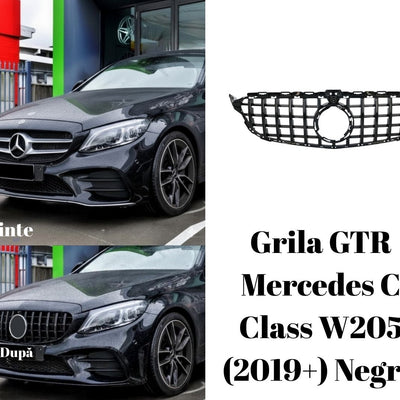 Comparație înainte și după montaj grilă GTR negru pe Mercedes C-Class W205 (2019+), fotografii frontale cu design sportiv și elegant.
