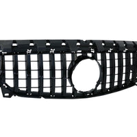 Detaliu gros-plan al grilei GTR Negru pentru Mercedes CLA W117 2016–2018, cu bare verticale și finisaj negru lucios, ABS rezistent.
