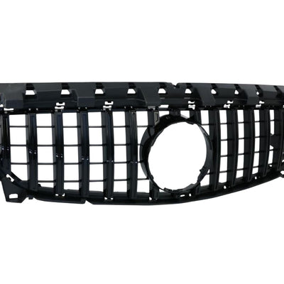 Grilă GTR sportivă de culoare neagră pentru Mercedes CLA W117 2016–2018, vedere frontală completă, design agresiv, material ABS.