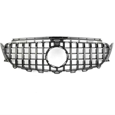 Grilă auto aftermarket GTR Negru pentru Mercedes E-Class W213 (2016-2019), vedere frontală pe fundal alb, design sportiv cu bare verticale.