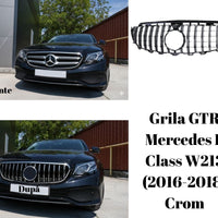 Grilă auto GTR cromată compatibilă cu Mercedes E-Class W213 (2016–2018), imagine frontală, design sportiv aftermarket.