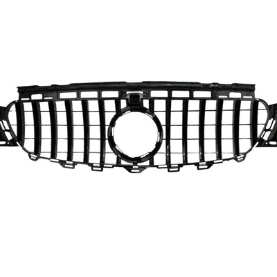 Grilă GTR crom compatibilă cu Mercedes E-Class W213, 2016–2018, detaliu frontal cu suport pentru emblemă și cameră.