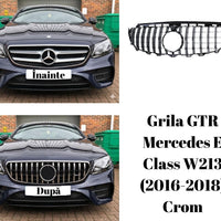 Grilă auto GTR cromată compatibilă cu Mercedes E-Class W213 (2016–2018), imagine frontală, design sportiv aftermarket.