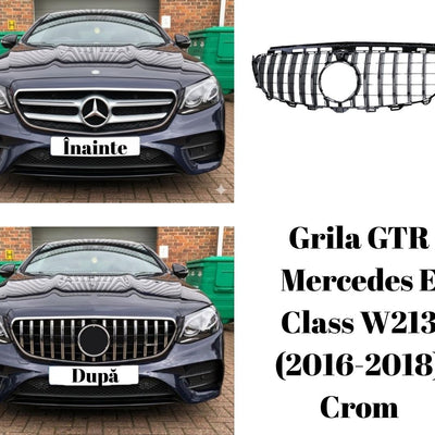 Mercedes E-Class W213 echipat cu grilă GTR cromată aftermarket, fotografie frontală după instalare, stil sportiv elegant.