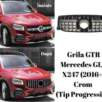 Grilă GTR cromată, compatibilă cu Mercedes GLB X247 (2016+), design tip Progressive, imagine frontală componentă auto aftermarket.