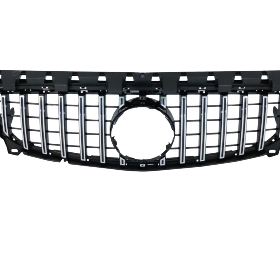 Grilă sport GTR gri pentru Mercedes CLA W117 2016–2018, unghi frontal, design cu bare verticale, finisaj premium ABS.