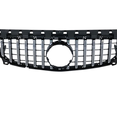 Grilă sport GTR gri pentru Mercedes CLA W117 2016–2018, unghi frontal, design cu bare verticale, finisaj premium ABS.