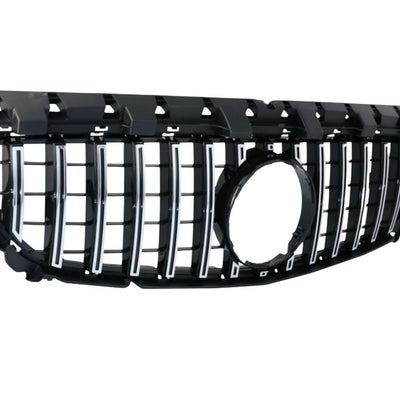 Grilă auto GTR gri pentru Mercedes CLA W117 2016–2018, unghi lateral față, design sportiv, material ABS rezistent.