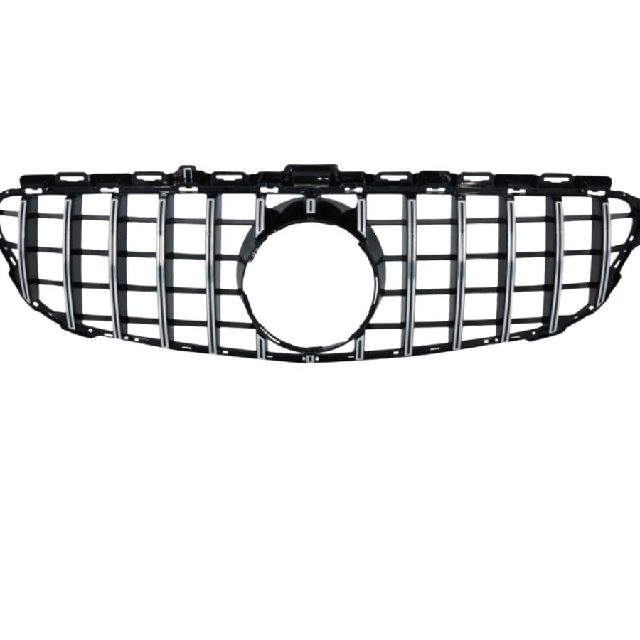 Grilă GTR gri crom pentru Mercedes C-Class W205 (2015–2018), vedere frontală, design sportiv și elegant, material ABS premium.