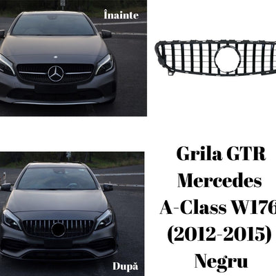 Grilă GTR neagră instalată pe Mercedes A-Class W176 (2012–2015), prezentare frontală cu efect vizual sportiv și agresiv.