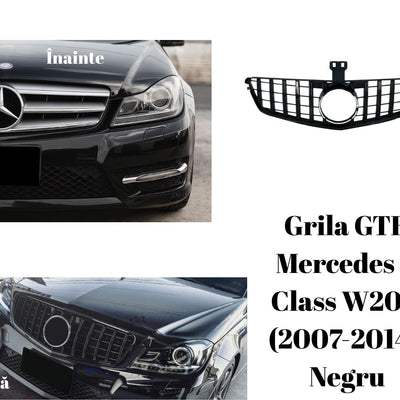 Colaj cu Mercedes C-Class W204 negru, prezentând diferența dintre grila originală și grila GTR aftermarket neagră instalată.
