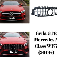 Vedere din spate a grilei GTR compatibile cu Mercedes A-Class W177 (2019+), arătând structura de prindere și designul robust din plastic ABS.