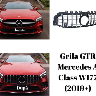 Prim-plan pe grila GTR pentru Mercedes A-Class W177 (2019+), evidențiind textura ABS și lamelele verticale cromate cu aspect sportiv.