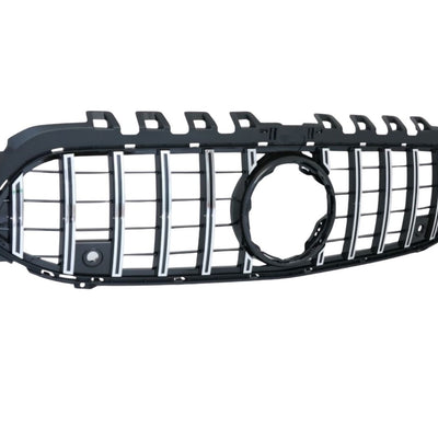 Imagine detaliată a unei grile GTR pentru Mercedes A-Class W177 (2019+), realizată din ABS rezistent, cu design sportiv și lamele verticale cromate.