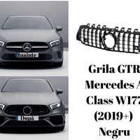 Imagine detaliată a grilei GTR negre compatibile cu Mercedes A-Class W177 (2019+), fabricată din plastic ABS rezistent, vedere laterală a componentului.