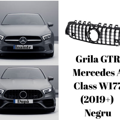 Colaj comparativ înainte și după montarea grilei GTR pe Mercedes A-Class W177 (2019+), culoare gri, vedere frontală completă a mașinii.