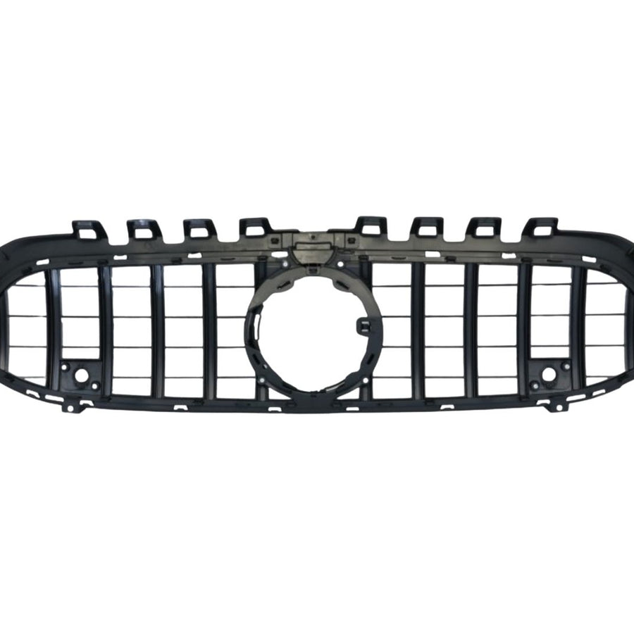 Vedere din spate a grilei GTR compatibile cu Mercedes A-Class W177 (2019+), arătând structura de prindere și designul robust din plastic ABS.