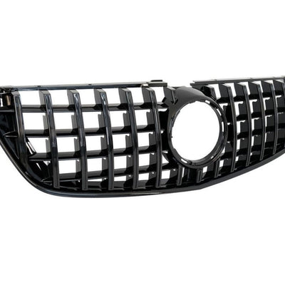 Imagine detaliată cu grila GTR negru lucios compatibilă cu Mercedes Vito W447 (2015-2019), piesă auto aftermarket din ABS, vedere frontală.