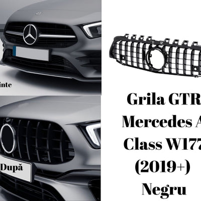 Imagine comparativă unghi lateral față cu și fără grila GTR pe Mercedes A-Class W177 (2019+), design sportiv și modern.