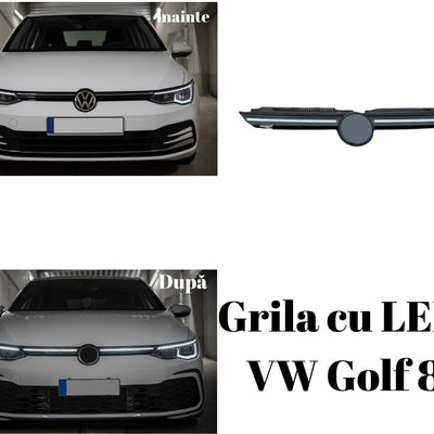 Comparație vizuală VW Golf 8 cu grilă standard și grilă cu LED DRL aftermarket, montaj frontal pentru un look modern și sportiv.