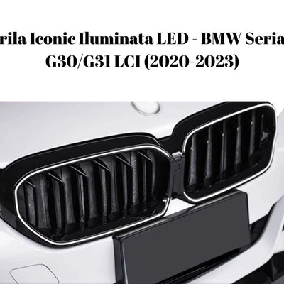 Gros-plan cu grila LED montată pe BMW Seria 5 G30/G31 LCI, evidențiind designul dublu-rinichi și iluminarea LED în contur