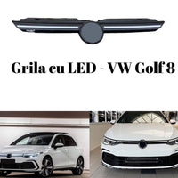 Grilă auto cu LED integrat pentru VW Golf 8, piesă aftermarket, design modern și sportiv, vedere frontală componentă detașată.
