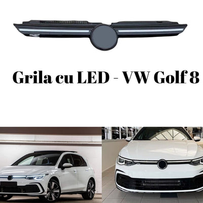 Grilă frontală LED pentru VW Golf 8, pachet complet aftermarket, imagini cu piesa detașată și montată pe vehicul, vedere showroom.