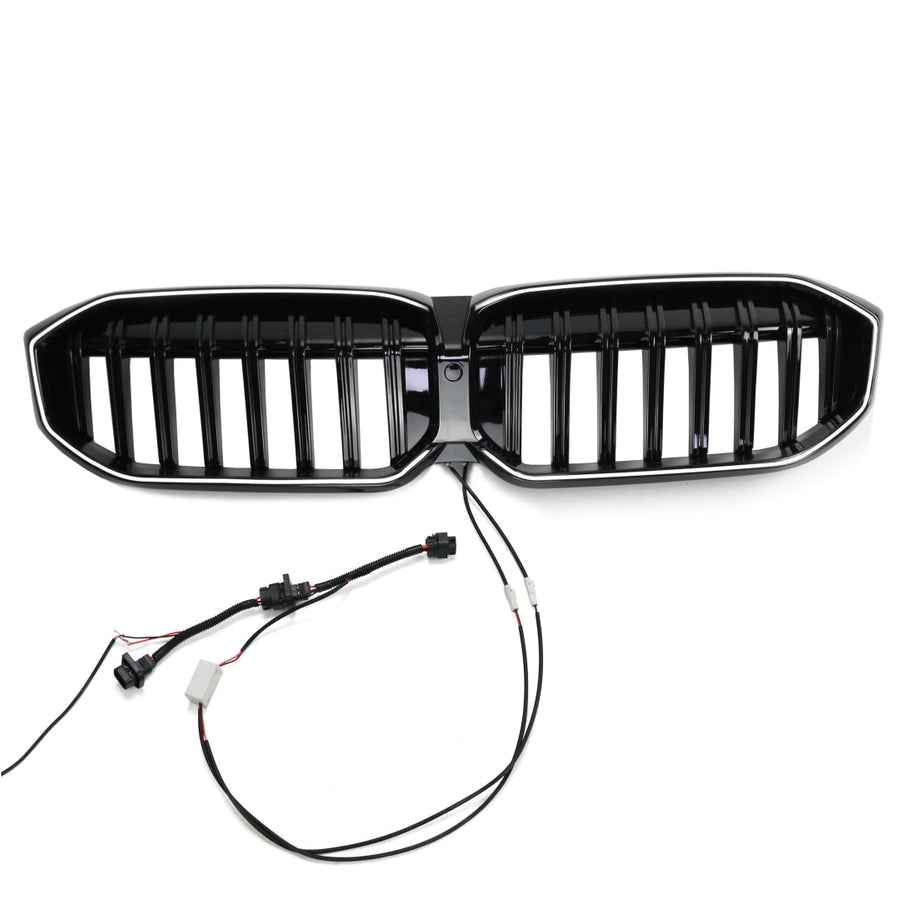 Imagine frontală cu grilă LED negru lucios pentru BMW Seria 3 G20 (2019+), fabricată din plastic ABS rezistent, cu cablaj de conectare vizibil pentru instalare.