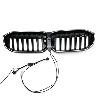 Imagine frontală cu grilă LED negru lucios pentru BMW Seria 3 G20 (2019+), fabricată din plastic ABS rezistent, cu cablaj de conectare vizibil pentru instalare.