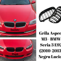Grile duble rinichi față, model M3 Look, negru lucios, compatibile cu BMW Seria 3 E92 Coupe și E93 Cabrio, 2010–2013.