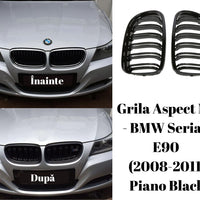 Set complet grile frontale M3 Look pentru BMW Seria 3 E90 Sedan/Touring 2008–2011, culoare Piano Black, vedere frontală a componentelor.