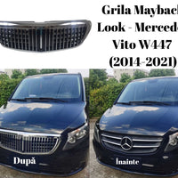 Grilă Maybach Look cromată pentru Mercedes Vito W447 (2014–2021), unghi frontal, design vertical cu finisaje cromate premium.