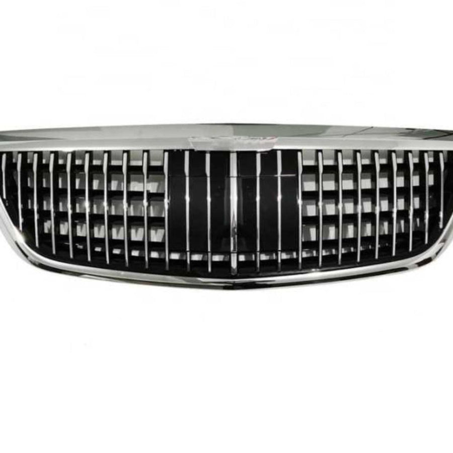 Grilă frontală Maybach Look cromată pentru Mercedes S-Class W222 (2014+), design vertical cu finisaj lucios și ramă cromată.