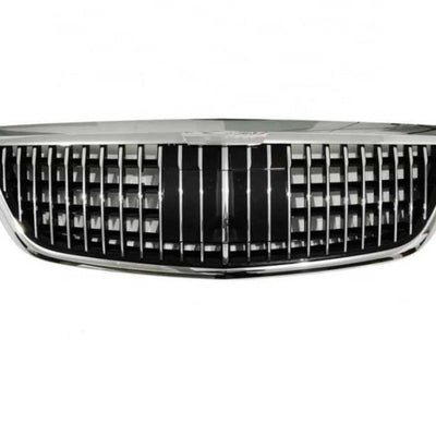 Grilă frontală Maybach Look cromată pentru Mercedes S-Class W222 (2014+), design vertical cu finisaj lucios și ramă cromată.