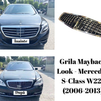 Grilă Maybach Look cromată pentru Mercedes S-Class W221 (2006–2013), vedere laterală, design premium cu finisaj lucios.
