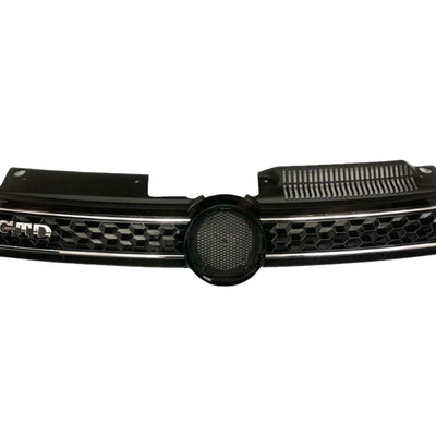 Grilă auto R compatibilă Volkswagen Golf 6, fotografie frontală detaliată a produsului din ABS negru lucios, design sportiv tip fagure, aftermarket.