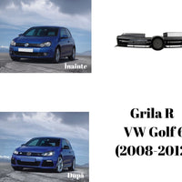 Grilă auto R compatibilă Volkswagen Golf 6, fotografie frontală detaliată a produsului din ABS negru lucios, design sportiv tip fagure, aftermarket.