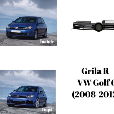Colaj comparativ cu VW Golf 6 înainte și după instalarea grilei R aftermarket, ABS negru lucios, design sportiv pentru un aspect premium.