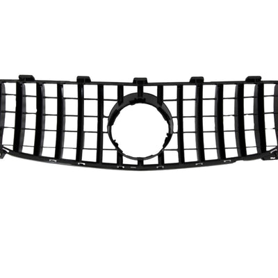 Piesă auto grilă GTR Look neagră pentru Mercedes GLA X156, vedere frontală cu ramă ABS și suport emblemă centrală