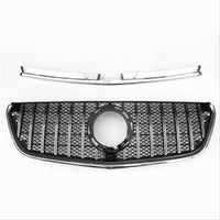 Grilă frontală auto aftermarket GTR Mesh Style pentru Mercedes-Benz Vito W447 (2020+), finisaj negru lucios cu detalii cromate și suport emblemă centrală, vedere frontală a componentelor incluse în pachet.
