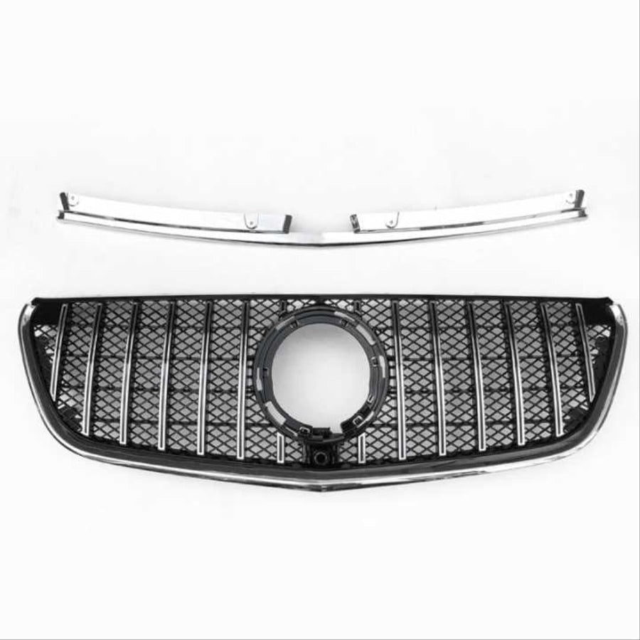 Grilă frontală auto aftermarket GTR Mesh Style pentru Mercedes-Benz Vito W447 (2020+), finisaj negru lucios cu detalii cromate și suport emblemă centrală, vedere frontală a componentelor incluse în pachet.