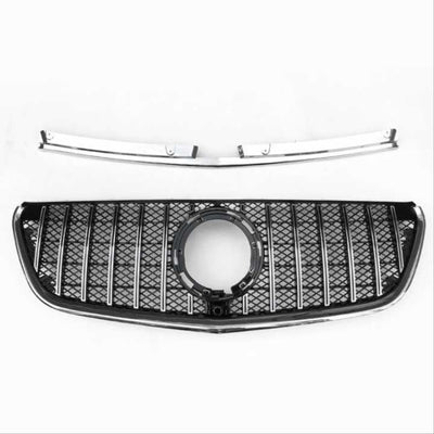 Grilă frontală auto aftermarket GTR Mesh Style pentru Mercedes-Benz Vito W447 (2020+), finisaj negru lucios cu detalii cromate și suport emblemă centrală, vedere frontală a componentelor incluse în pachet.