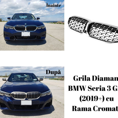 Grilă auto aftermarket cromată tip diamant pentru BMW Seria 3 G20/G21, fotografie frontală pe fundal alb.