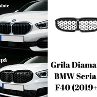 Grilă auto diamant BMW Seria 1 F40 (2019+), finisaj negru lucios, componentă frontală aftermarket din plastic ABS rezistent.