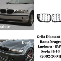 Grile frontale dublu pentru BMW Seria 3 E46 Sedan/Touring 2002–2004, finisaj negru lucios, vedere din față pe fundal alb.