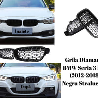 Set grilă diamant BMW Seria 3 F30/F31 (2012–2018), design sportiv negru lucios, piesă auto aftermarket ABS