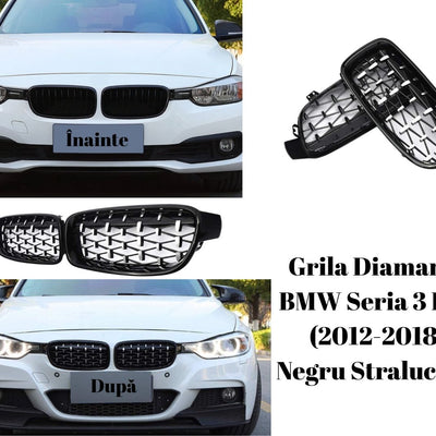 Colaj comparație BMW Seria 3 F30 (2012–2018) înainte și după instalare grilă diamant negru lucios
