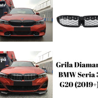Grilă diamant compatibilă BMW Seria 3 G20 (2019+), vedere frontală pe fundal alb, material ABS premium, design sportiv aftermarket.
