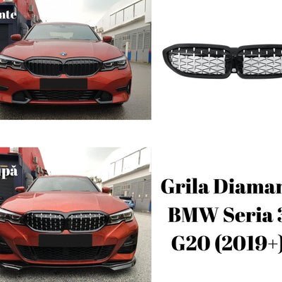 Comparație vizuală BMW Seria 3 G20 (2019+) cu grilă originală vs. grilă diamant aftermarket, material ABS negru lucios, design premium sportiv.